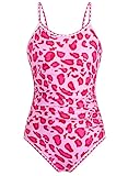 XiaoMoSha Swimming Costume Girls One Piece Bathing Suit with Adjustable Straps Color Contrast Trim for Teens Girls, 12-13 Years, Pink Leopard