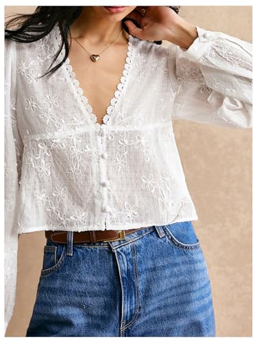 SHENHE Women's Floral Embroidered Long Sleeve Button Crop Blouse Sheer Dressy Top Shirt4
