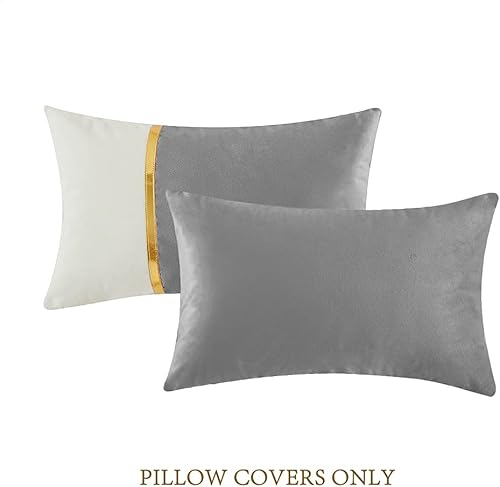 Miniatura 8 de Fancy Homi Paquete de 4 fundas de almohada decorativas lumbares grises de 12 x 20 pulgadas para sofá cama de sala de estar, retazos de terciopelo