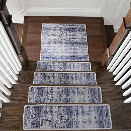 Benissimo, 13+1 Stair Treads Carpet With Landing Slip Resistant Stair Rugs, Set Of 13 (9"X32") + 1 (31"X31") Runner For Indoor Wooden Steps, Printed Design, Deep Ocean #TOP1