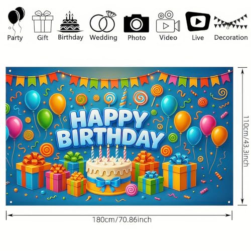 Image of BlissYard Happy Birthday Banner 71x43 Inch Gift Cake Blue Background Decoration for Boys Candy Theme Poster Backdrop Wall Scene Happy Birthday Banner Kids Party Display Setup Outdoor Supplies