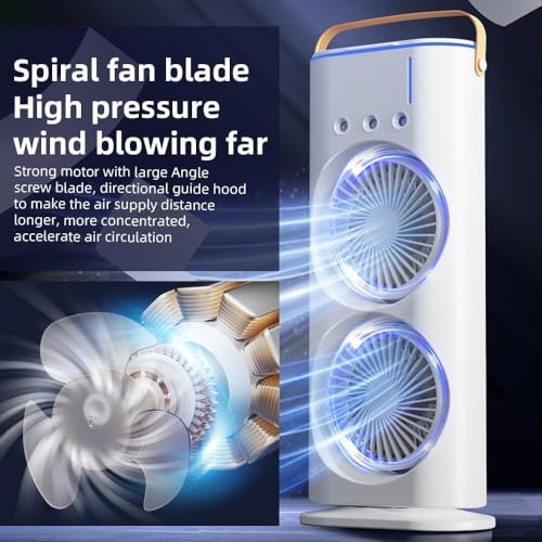 Image of Double Ended Spray Air Cooler Fan USB Rechargeable 3 Speed Portable Mini AC Cooler with Water Mist, LED Light, Personal Table Cooling Remote Control Fan for Home Office Travel