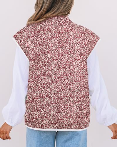Merokeety PUFFER VEST Cap Sleeve Quilted Vest Floral Print Lightweight Sleeveless Open Front Cardigan Outwear Burgundy M thumb #2