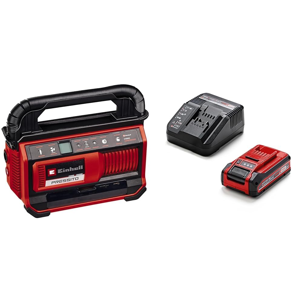 Einhell Hybrid-Kompressor PRESSITO 18/25 Hybrid Power X-Change (Betrieb mit Stromkabel oder Akku, max. 11 bar, inkl. 4-tlg. Adapter-Set & 2 Schläuchen, inkl. 3,0 Ah PLUS Akku & Ladegerät)