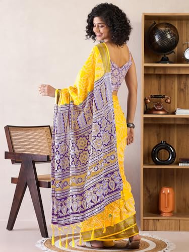 Image of SAREE MALL Women's Cotton Bandhani Printed Ready To Wear one Minute Saree With Unstitched Blouse