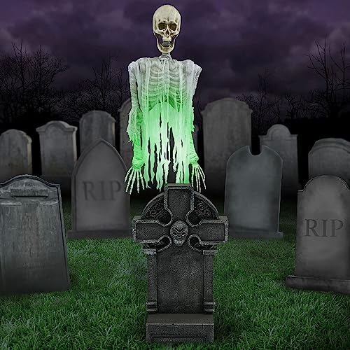 Haunted Hill Farm Motion Activated Floating Skeleton Ghost Over Tombstone by Tekky, Battery Operated Halloween Animatronic for Indoor or Covered Outdoor Creepy Halloween Decorations, Halloween Props