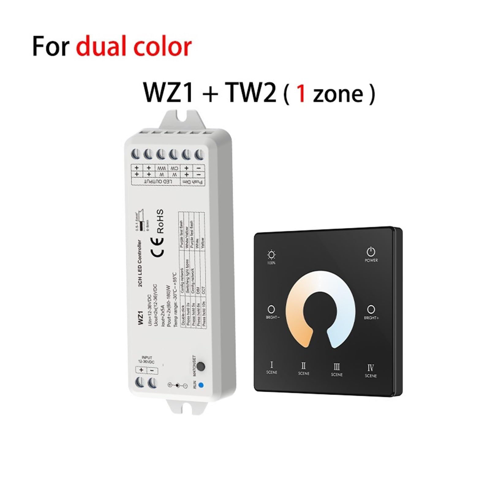 Controlador LED regulador LED WZ1 2CH * 5A DC 12-24V 36V adecuado for tiras de luz LED de temperatura de color único(WZ1 and TW2)