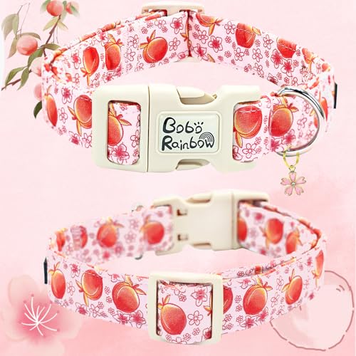 Image of Pink Peach Print Dog Collar with Bow for Large Dogs | Daily Walks,Garden Photoshoots,Spring Picnic,Adjustable,Cotton,Removable Bowtie,Heavy Duty Metal Buckle,Female Dog