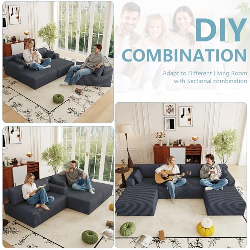 Image of 124 inch Boneless Cloud Couch Sectional Couches Sofa for Living Room | Modular U-Shaped Couch, Comfy Modern Corduroy Memory Foam Sofas with Deep Seat, Ottoman, Oversized Chaise (Dark Grey)