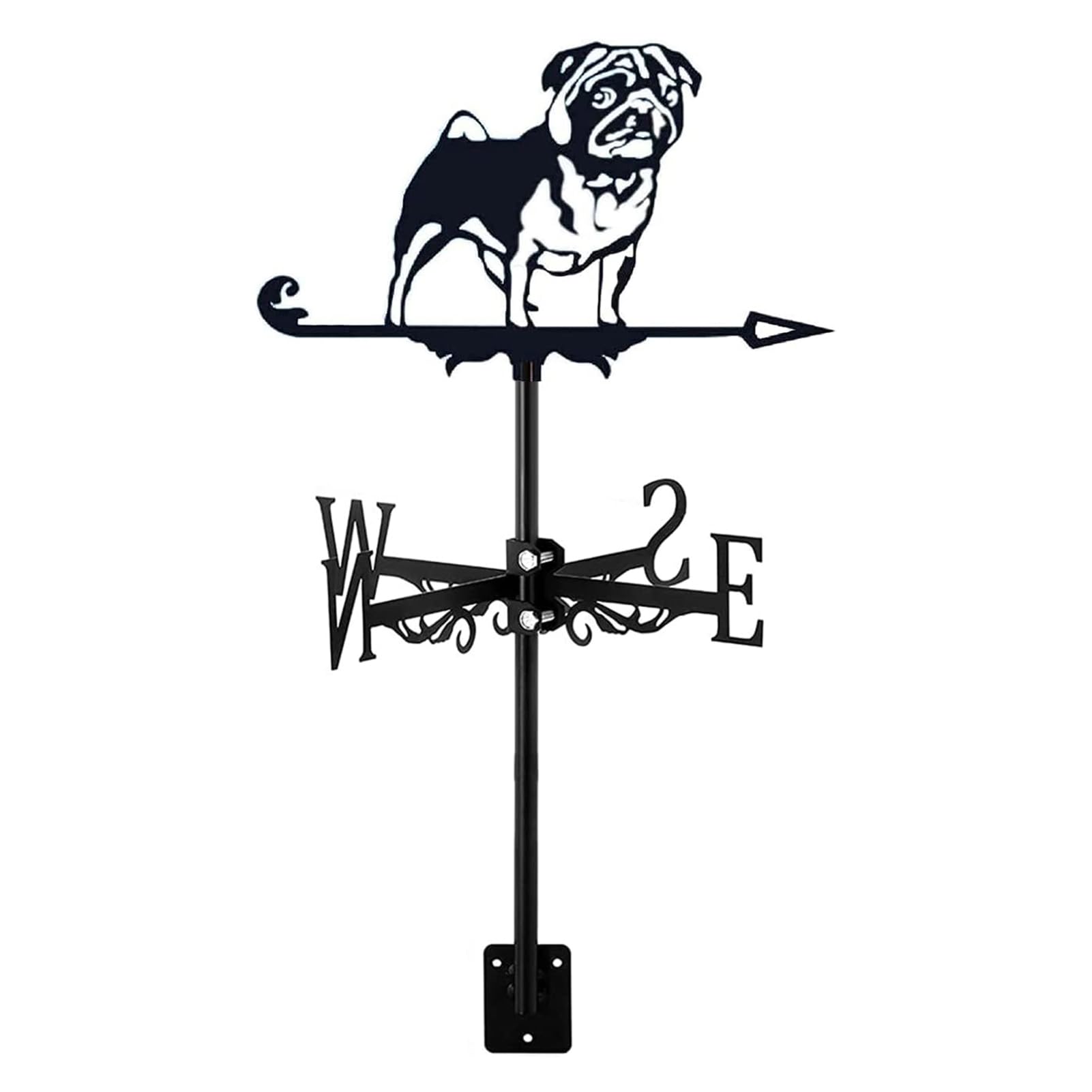 Weather Vane with Dog shape Silhouette Ornament Roof Mount for Garden Fence & Shed Outdoor Farm Scene Yard Patio Decorations Wind Direction Indicator, Pug