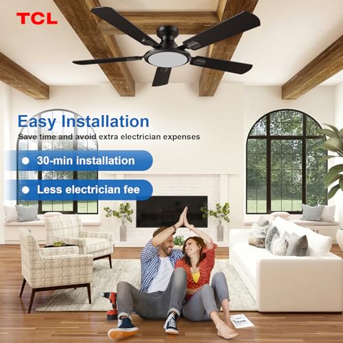 TCL Ceiling Fans with Lights, 52 Inch Low Profile Ceiling Fan with Light and Remote Control, Flush Mount, DC Reversible Motor, Noiseless, 6 Speeds Ceiling Fan for Bedroom (Black) - image 8