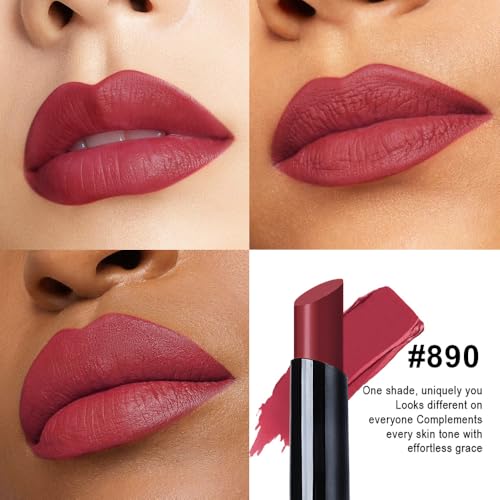Image of evpct Rose Red Velvet Matte Lipstick, High Pigmented Slim Lipstick Long Lasting Waterproof for Women Gift, Velvet Silky Lip Stick Stain Color Makeup Blendable 24 Hours Original Makeup Labiales, 890#