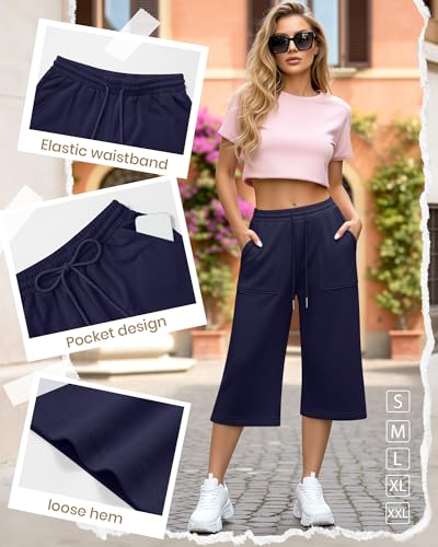 Image of 3 Pack Women's Capri Sweatpants Wide Leg Capris Casual Drawstring Loose Cropped Lounge Yoga Pants with Pockets