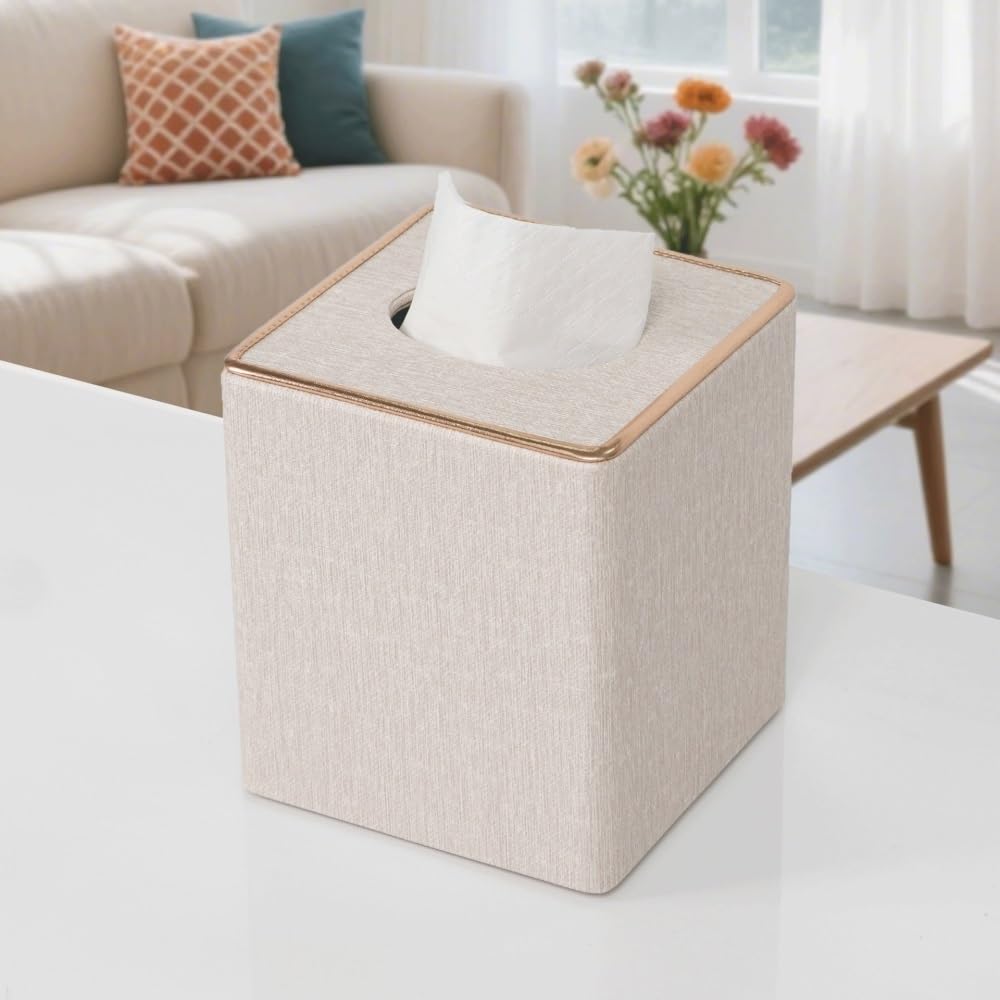 Porta fazzoletti quadrato in lino, organizer decorativo con finiture dorate for bagno, ufficio e casa(White)