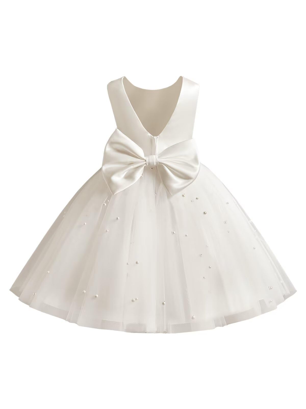 zikusel Flower Girl Dress Tulle Satin Wedding Party Dress with Pearls Gilrs Birthday Party Dress with Bow-Knot