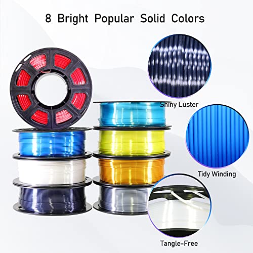 Image of BBLIFE 1.75mm 8 Spools Silk Shiny 3D Printer PLA Filament Bundle Pack: 8 Silk Shiny Colors: Gold Silver White Black Green Purple Red Blue, Each Spool 250g, 8 Spools, Total 2Kg 3D Printing Filament