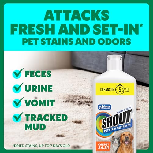 Image of Shout Pet Stain Remover, Color-Safe Rug, Upholstery & Carpet Cleaner Solution for Dog & Cat Urine, Feces, Vomit & Mud, Fights Odors & Remarking, Fast-Acting Cleans in 5 Minutes or Less, 24.3oz