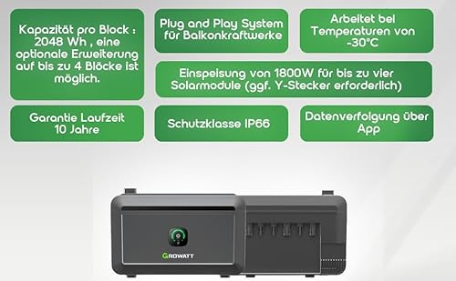 Growatt NOAH 2000 Balkon PV Speicher 2048W Akkukapazität, Kompatibel mit Balkonkraftwerke, IP66, 6.000+ Ladezyklen, 10-jährige Garantie, Plug&Play Installation in 5 Min 2 Growatt NOAH 2000 Balkon PV Speicher 2048W Akkukapazität, Kompatibel mit Balkonkraftwerke, IP66, 6.000+ Ladezyklen, 10-jährige Garantie, Plug&Play Installation in 5 Min – Bild 3