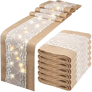 6 Pieces 12 x 108 Inches Burlap Table Runner with String Lights, Burlap Lace Table Runner for Wedding Farmhouse Style Jute Table Runner Wedding Decor with 40 Light Table Decoration for Thanksgiving