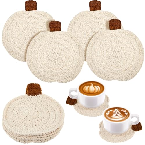 Hushee 4 Pcs Fall Crochet Coasters Thanksgiving Pumpkin Coaster 4.72 Handmade Woven Pumpkin Drink Cup Mats for Autumn Harvest Gifts Kitchen Table Party Decor (Beige)