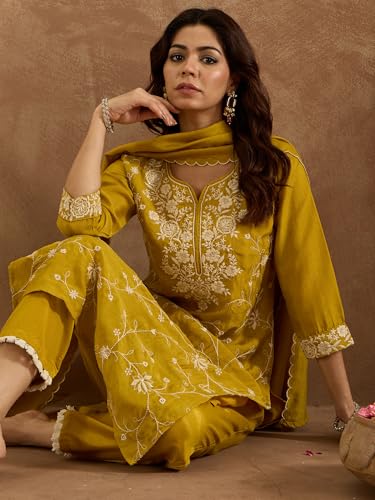 Image of INDO ERA Women's Teal Silk Blend Embroidered Straight Kurta Pant And Dupatta Set (IESTR6287)