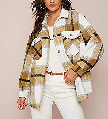 Lviefent Womens Casual Wool Blend Plaid Flannel Shackets Jacket Button Down Shirt Coat