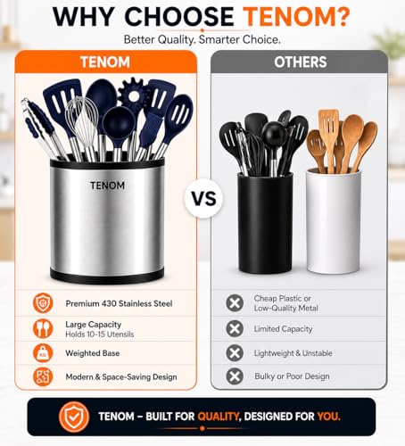 Image of TENOM Spoon Holder, Spoon Stand For Kitchen Steel, Cutlery Stand, Spoon Organiser For Kitchen, Cutlery Holder, Ladle Holder, Spatula Holder (Cylinder)