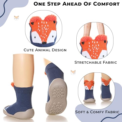 Image of BEMBIKA Baby Sock Shoes - Soft, Stretchy, Cotton Baby Sock Shoes for Infants - Baby Booties with Socks for Children, Ideal Kids Walking Sneakers Floor Socks for Indoor Use-(Blue Fox Size 18-19)