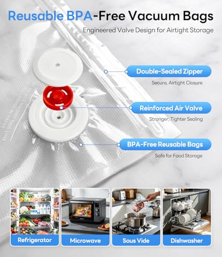 Image of Reusable Vacuum Sealer Bags for Food, 30 PCS BPA-Free Food Storage Bags with Air Valve, Leakproof & Odor-Resistant for Sous Vide, Freezer & Microwave, Compatible with Most Vacuum Sealers