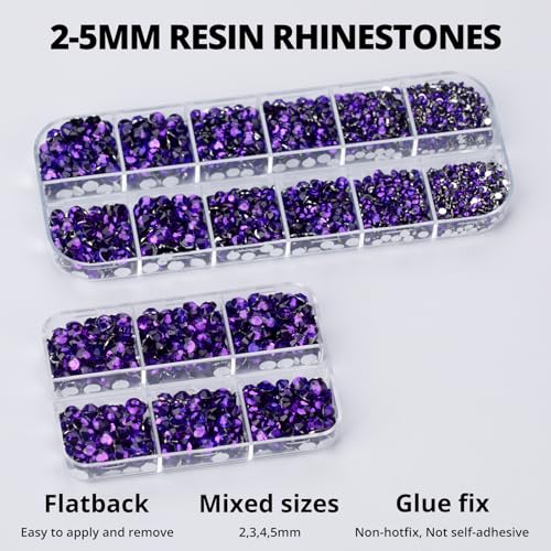 7500Pcs Purple Rhinestones Flatback with b 7000 Glue for Crafts Clothes Clothing, Flat Back Resin Crystal Gems for Shoes Shirt Sneakers, Mixed Sizes 6ss-20ss Diamonds