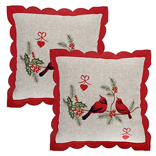 Grelucgo Christmas Holiday Embroidered Red Cardinal Bird Throw Pillow Case Cover, Decorative Sofa Cushion Covers, Square 16 x 16 Inch, Set of 2