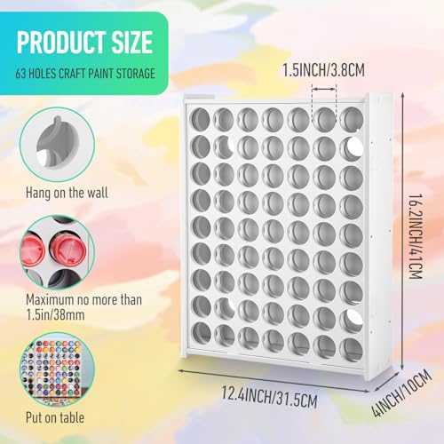 Image of Mekueeex Minimalist 63 Holes Craft Paint Storage Organizer, Thick PVC Wall Mounted Holder, White