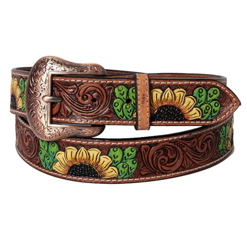 Brown Floral Sunflower Cactus Hand Painted Genuine Leather Men & Women Belt Unisex Western with Removable Buckle