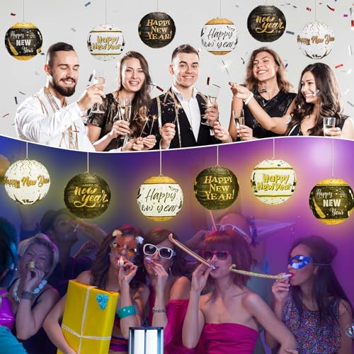 Image of Panelee 12 Pcs 2026 New Year Paper Lanterns Party Decorations 8 Inch Black and Gold Hanging Round Paper Lanterns for Happy New Year Eve Party Indoor Outdoor Decorations Supplies