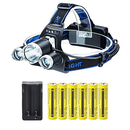 LED Headlamp Flashlight,Kit with 6PCS 3.7V High Capacity Rechargeable 18650 Battery + Batteries Charger For Camping,Hiking, Outdoors