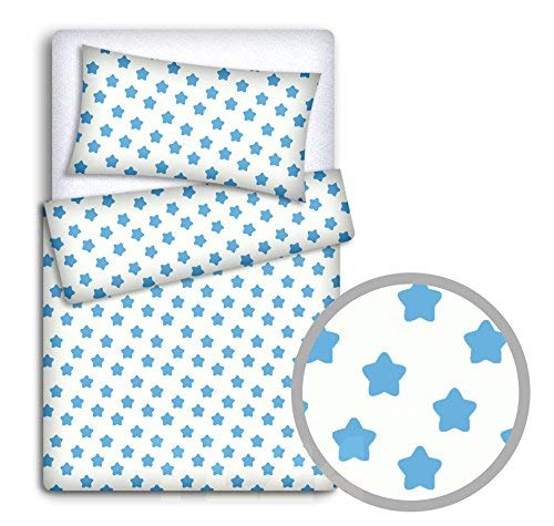Babymam BABY BEDDING SET PILLOWCASE + DUVET COVER 2PC TO FIT JUNIOR BED (Big turquoise stars on white background)