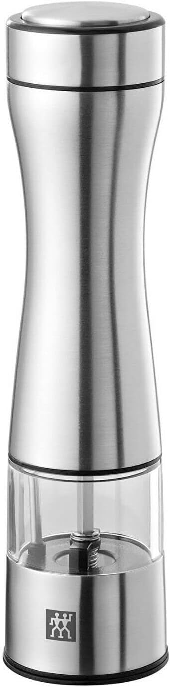 Zwilling Table Salt and Pepper Mill Electric Set of 2 with Lid Spice Mill Brushed Stainless Steel Electric Salt Mill Ceramic Grinder
