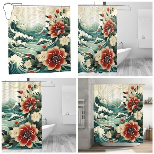 Rideau de douche lavable en machine microfibre moderne motif vagues 183x183