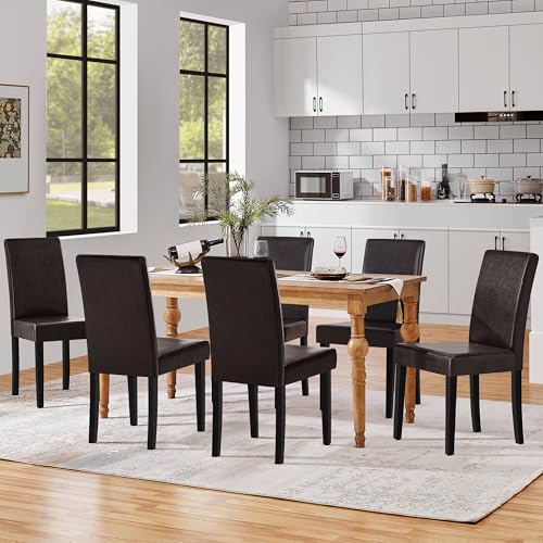 Image of Yaheetech Dining Chairs Set of 6 Faux Leather Modern Dining Room Chairs with Rubberwood Legs and Padded Seat for Kitchen /Living Room /Restaurant, Dark Brown