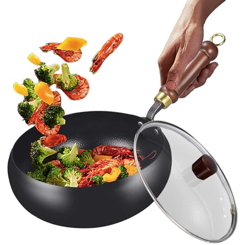 Wok de hierro tradicional, sartén de hierro sin revestimiento, wok con tapa, kit de sartén para el hogar, al aire libre, restaurante, camping, sartén de fondo plano de acero al carbono con mango de