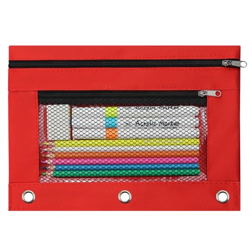 Image of 3 Ring Pencil Pouch for Binder, 2-Pocket Zipper Pencil Case with Clear Window & Mesh Pocket, 600D Oxford Fabric Binder Pouch for School Office Supplies, Fits Standard 3-Ring Binders, Red