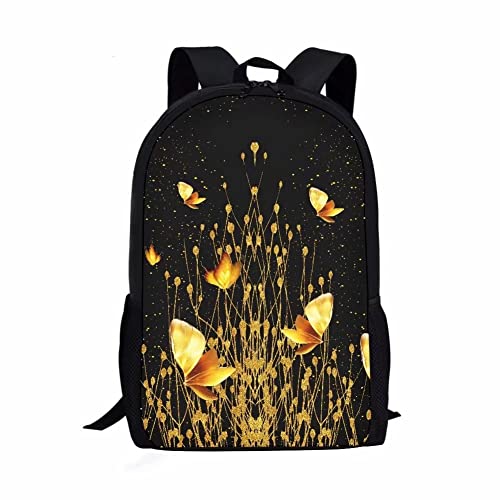 AmzPrint 17in Lightweight Butterfly Backpack Kids Book Bag Fashion Shoulder Picnic Golden Kids Book Bags For Girls