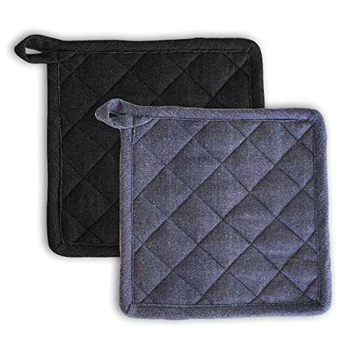 Image of 2 Pot Holder Heat Resistant Cotton Hot Pad or Pot Stand for Kitchen Cooking & Baking | Quilted Thick Fabric, Easy Grip, Hanging Loop (Blue and Black)