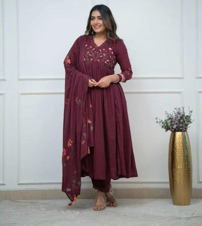 Image of KANCHAN TRADERS Women's Cotton Round Neck 3 /4 Sleeve Chikankari Embroidered Printed Kurta Palazzo with Dupatta Set