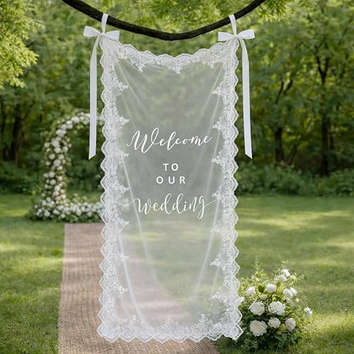 Boao Sheer Wedding Welcome Sign with Lace Edge Fabric Welcome to Our Wedding Sign Tulle Entrance Banner Organza Outdoor Arch Decor for Engagement Bridal Shower Ceremony Reception Backdrop 24 x 60