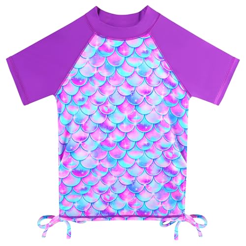 Image of BAOHULU Girls Two Piece Swimsuits Rash Guard Ruffle Bikini Skirt Short Sleeves Beach Dress Swimwear UPF 50+ 3-12Y