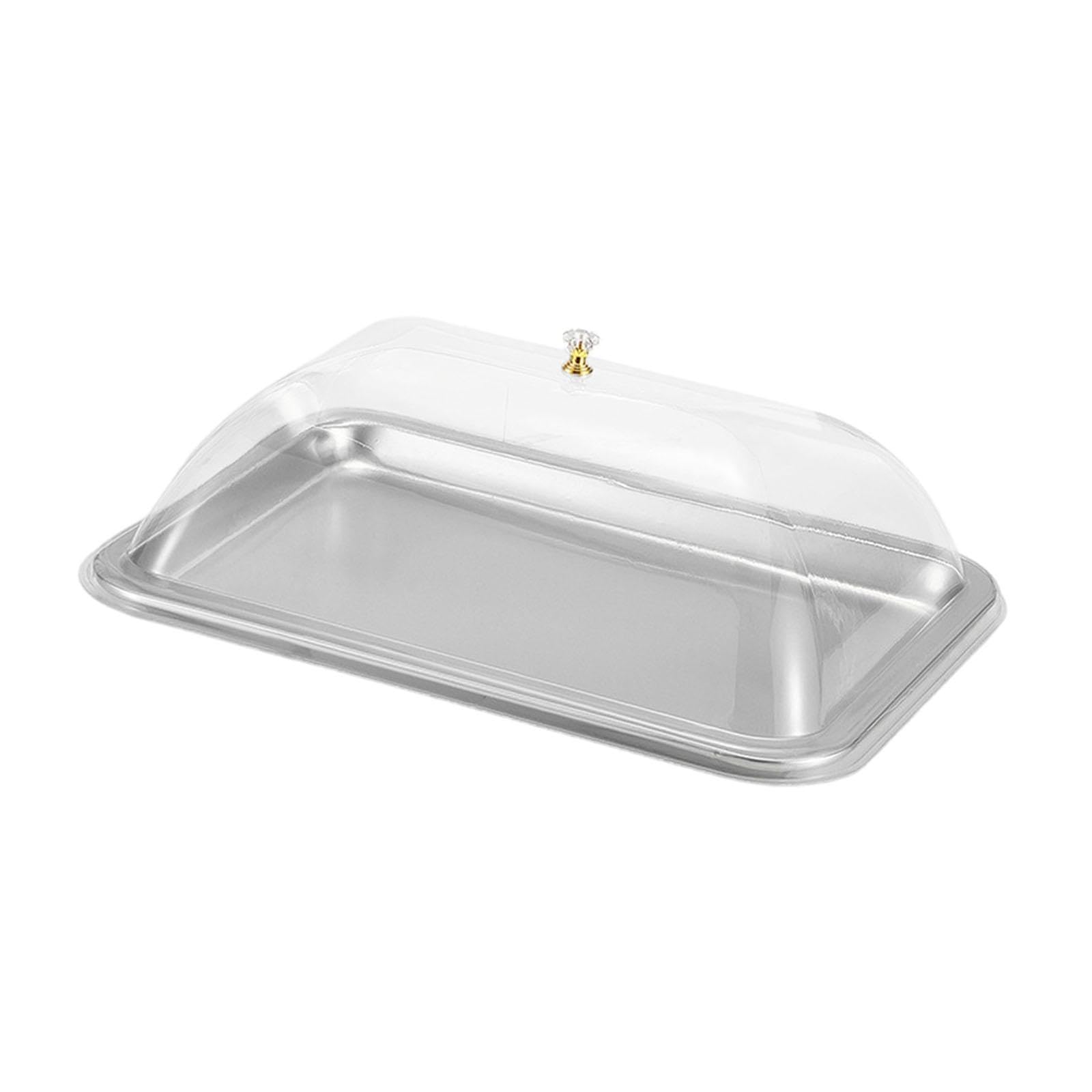 Vassoio in Acciaio Inox con Coperchio Trasparente per Servire Torte E Dessert, 36x27x2cm