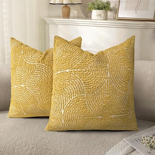 AELS Boho Decorative Textured Throw Pillow Covers 18x18, Organic Modern Mid Century Rainbow Tufted Pillow Case, Farmhouse Rustic Geometric Woven Cushion Case for Bed Couch Sofa, Mustard Yellow