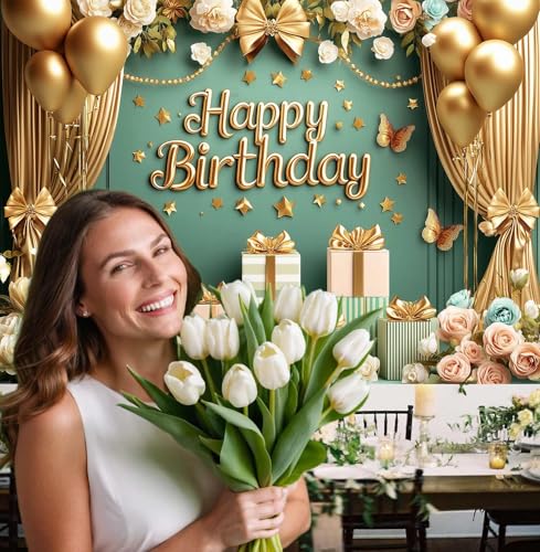 Image of Gold Green Birthday Decorations Banner Butterfly Flower Floral Banner Birthday Photography Background for Girls Women Adults Party Decoration Photo Booth Prop 71 x 43 Inch