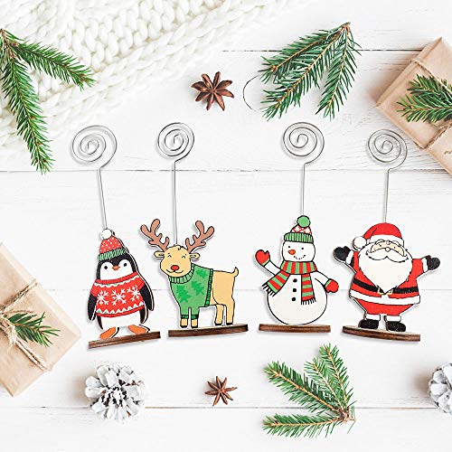 Picowe 12Packs Christmas Wood Place Card Holders with Swirl Wire and 20Pcs Kraft Place Cards, Wooden Table Memo Photo Picture Number Sign Stands Holder for Party Table Decorations